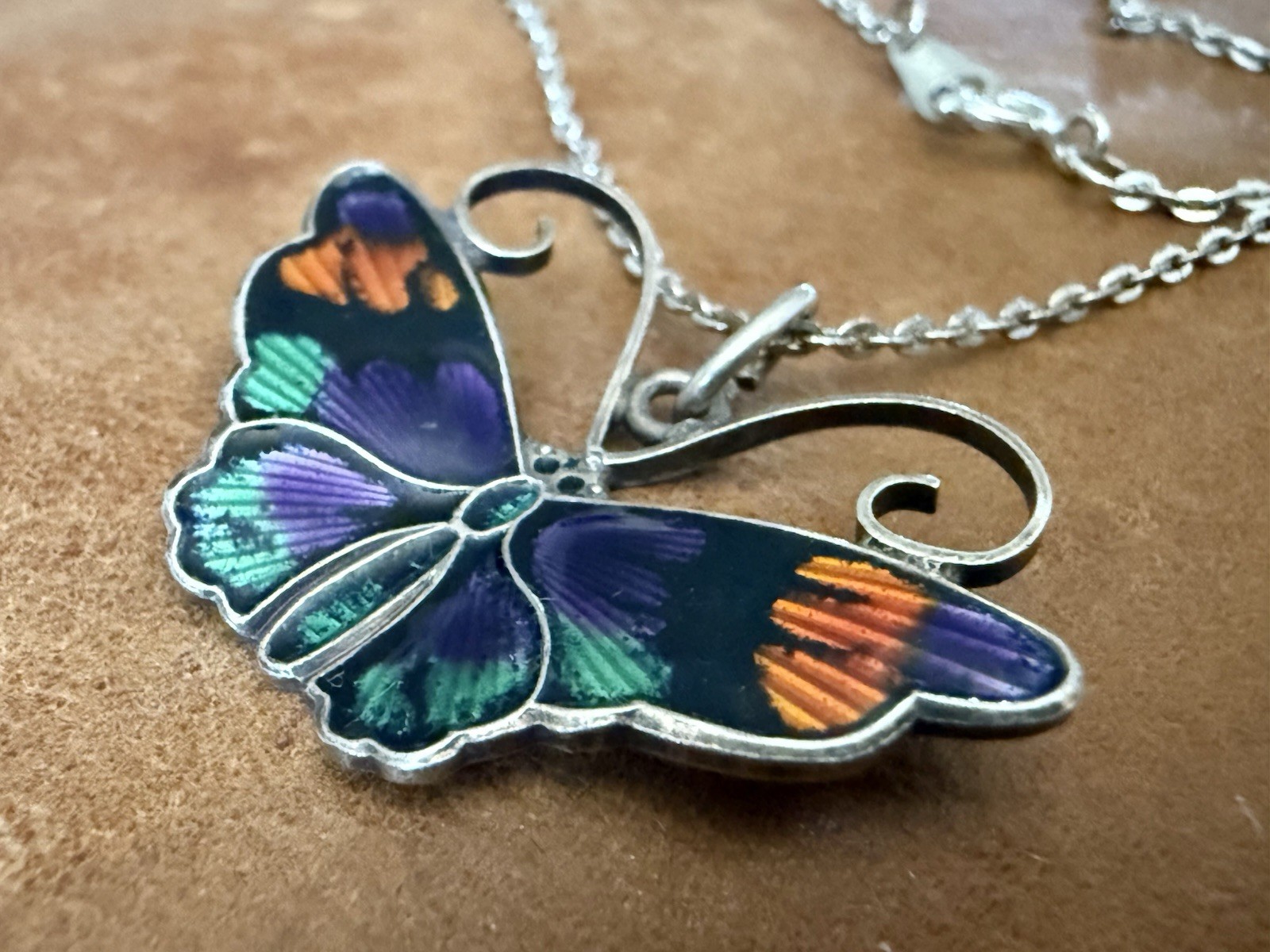 David-Andersen 925S Multi-Color Guilloche Enamel Butterfly Pendant Necklace 18”