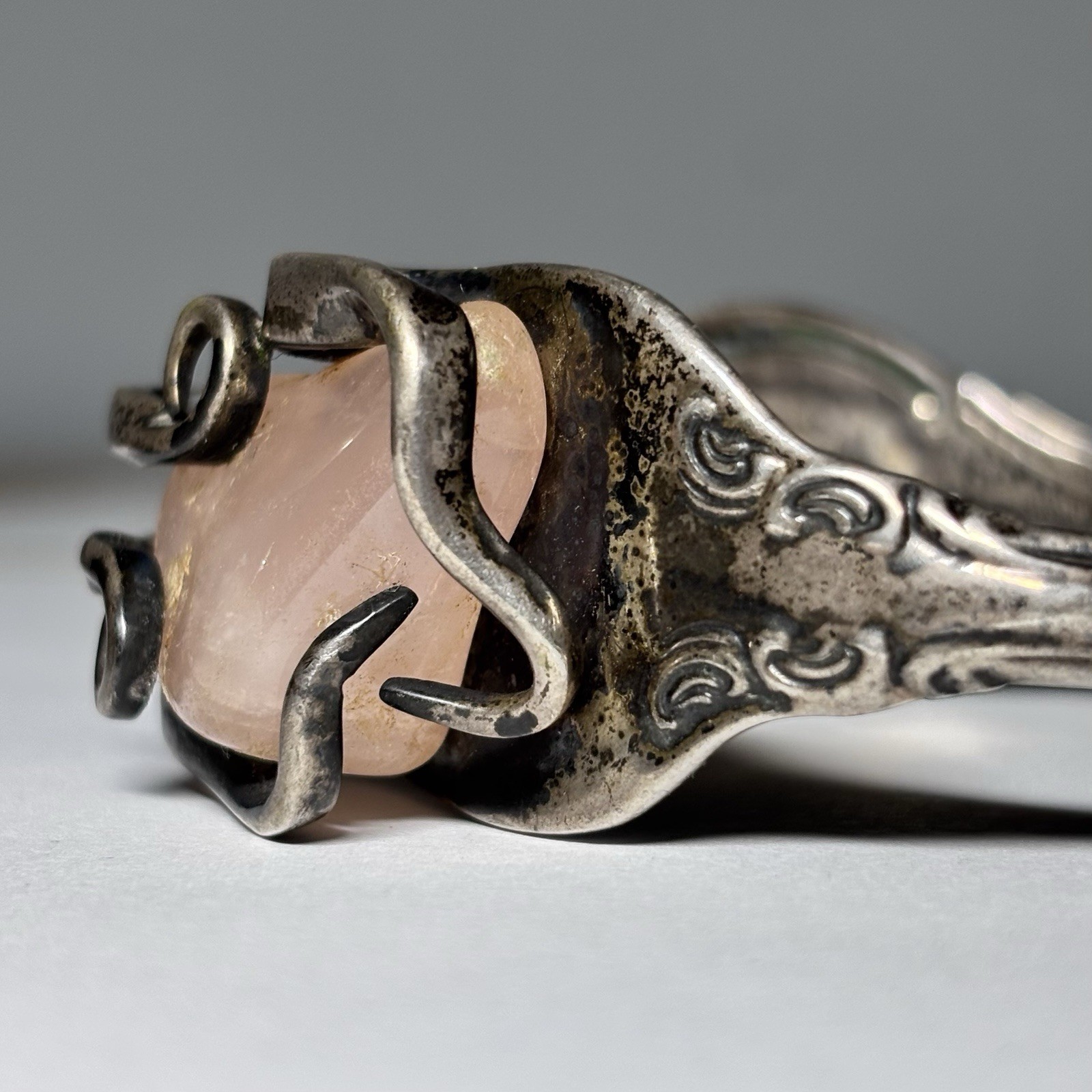 Uma Silbey Signed Sterling Silver Rose Quartz Cuff Bracelet 1984 Joan of Arc