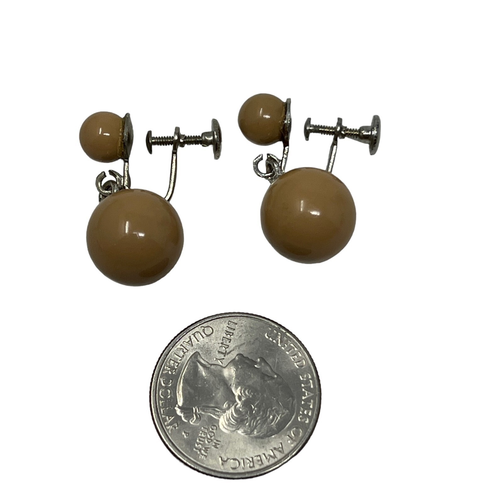 Vintage Screw Back Bead Drop Earrings Tan Brown Dangle