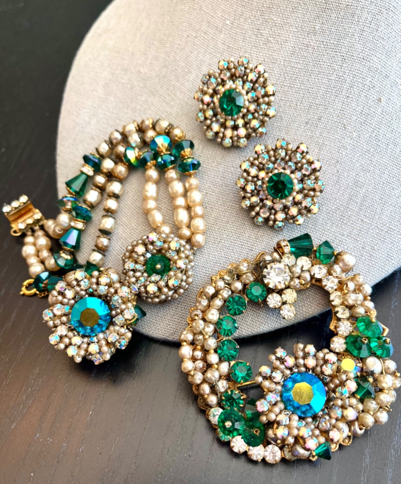 Incredible Vintage 40’s Robert Bracelet Brooch Earrings Pearls Glass Beads etc