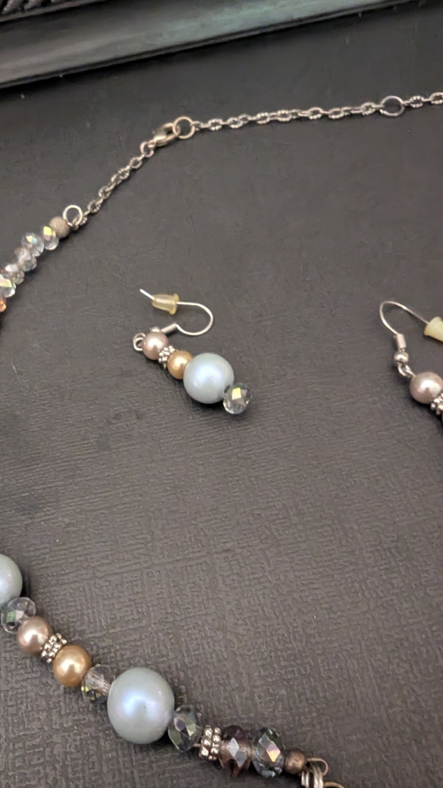 Vintage Light Blue Embossed Peacock Necklace – possibly Celluloid? With Earrings