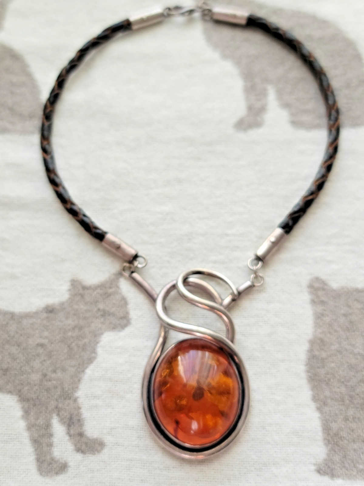 Statement Piece-925 Sterling & LARGE Baltic Amber Cabochon Leather Cord Necklace