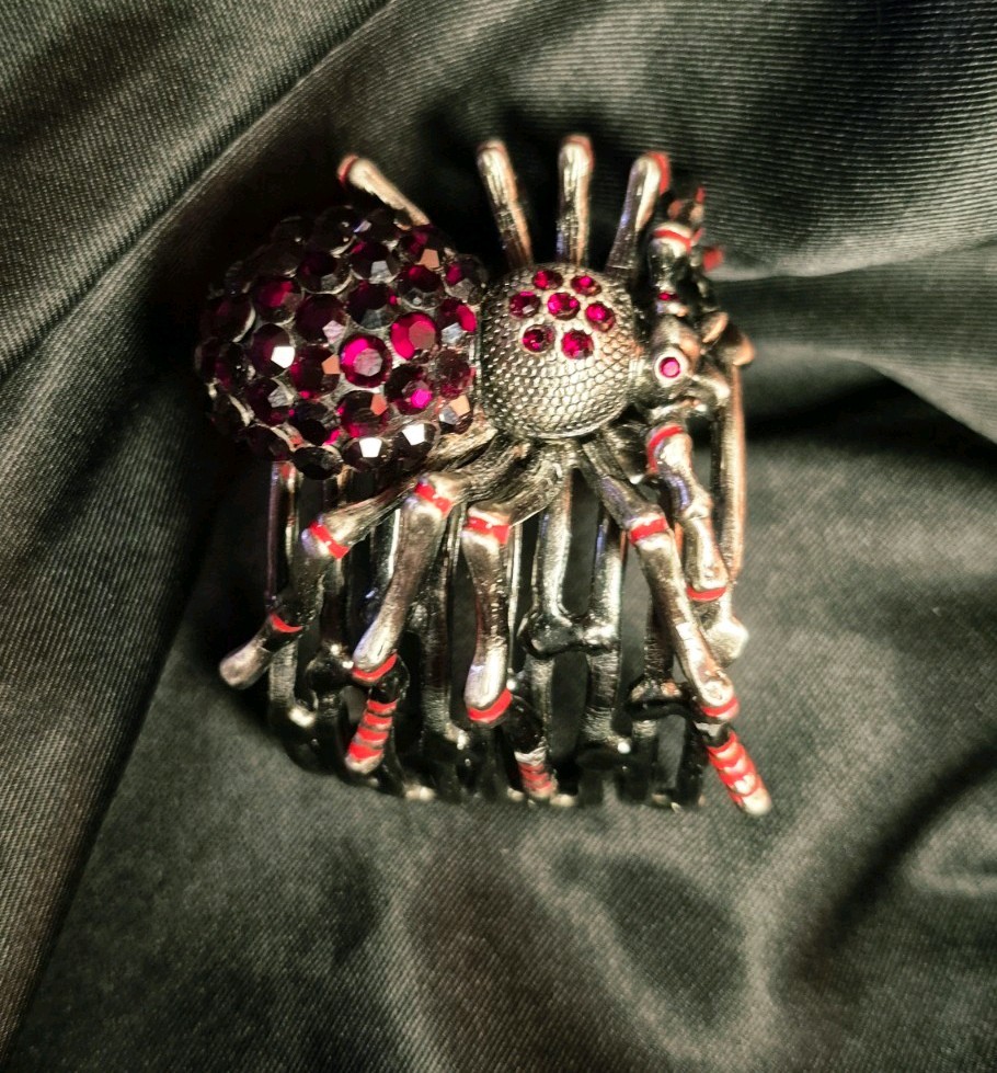 Vintage Spider Statement Ruby Red Rhinestones Silver Adjustable Cuff Bracelet