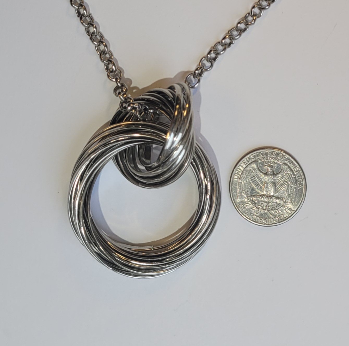 Mid Century Modern Intertwined Multi Ring Stainless Steel Pendant 36in Necklace