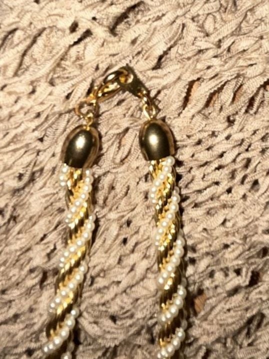 Vintage Gold Tone and Faux Pearl Twisted Rope Chain Necklace and Bracelet Set
