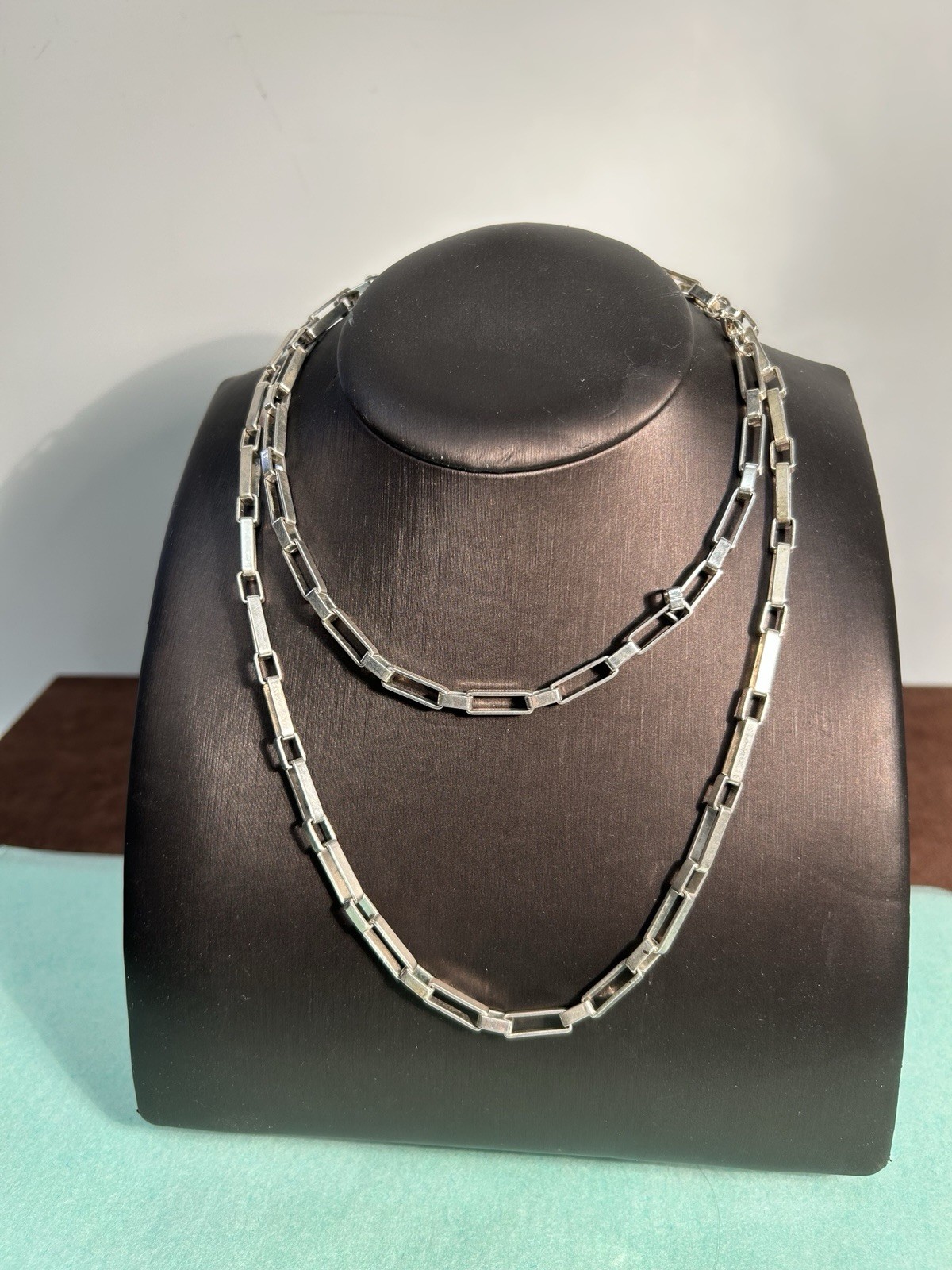 Vintage Silver-Tone Elongated Paperclip Link Geometric Chain Necklace 17”