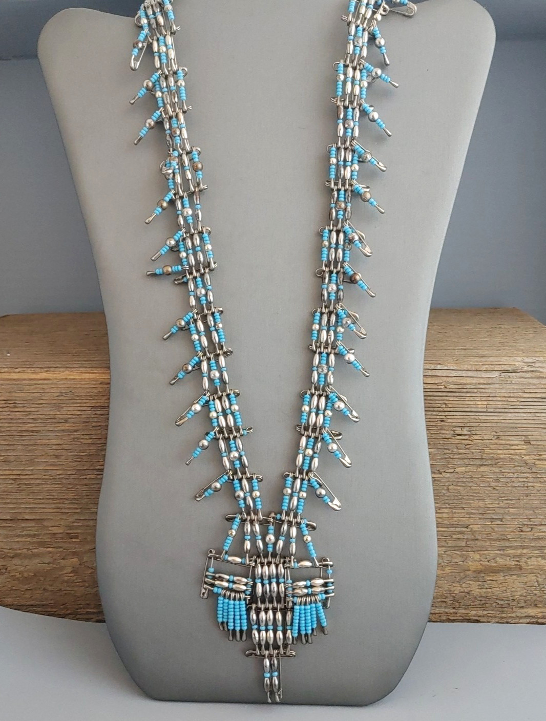 2 Vintage Safety Pin Beaded Necklaces Southwestern Style Blue Green Lot