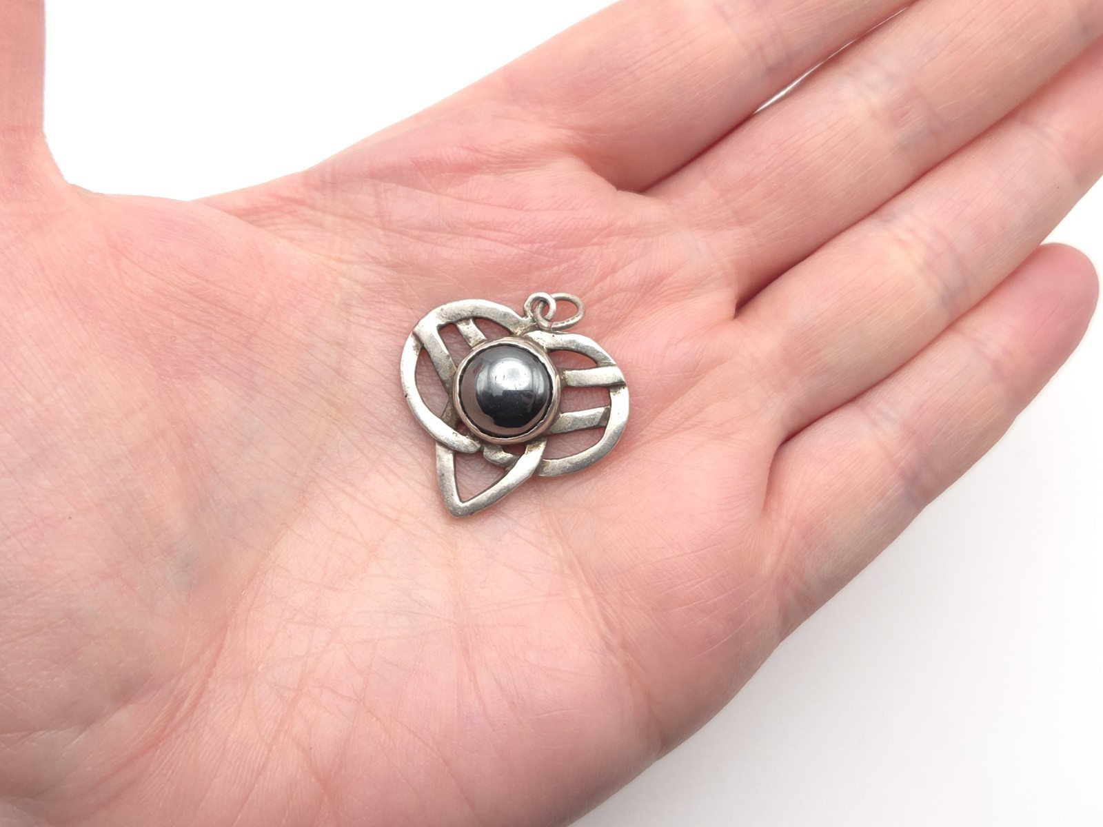 Vintage Sterling Silver Hematite Stone Celtic Knot Heart Pendant for Necklace