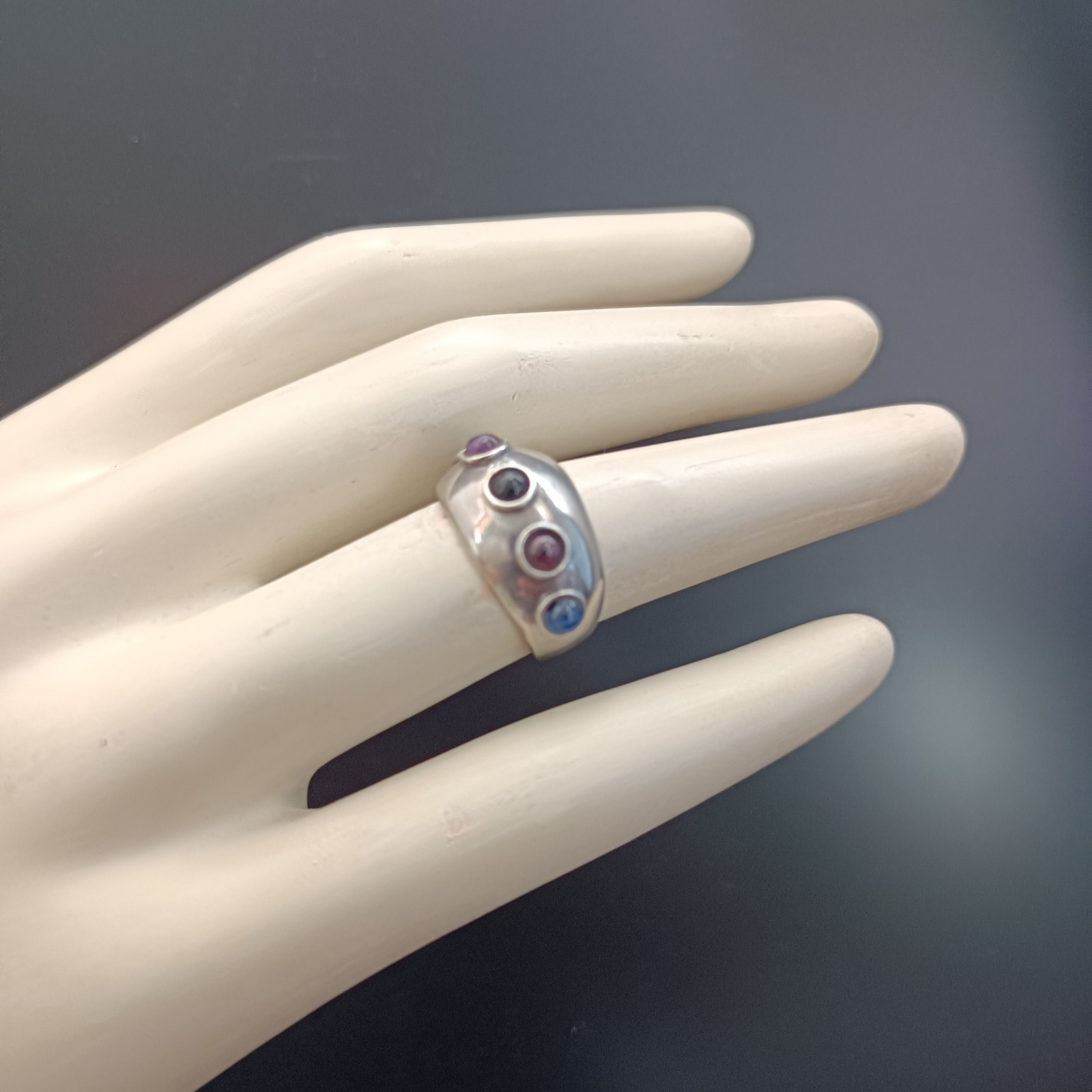 Modernist Gemstone Dome Ring Sterling Silver Cabochon Band Boho Israeli Artisan