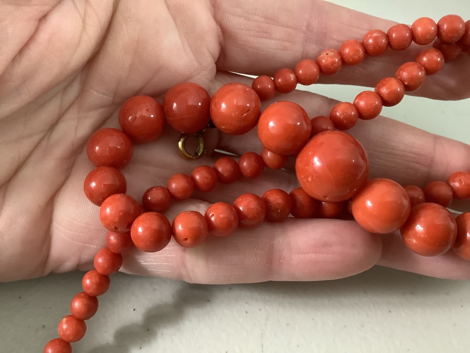 Antique genuine red coral graduated bead necklace 21 in 43.84g
