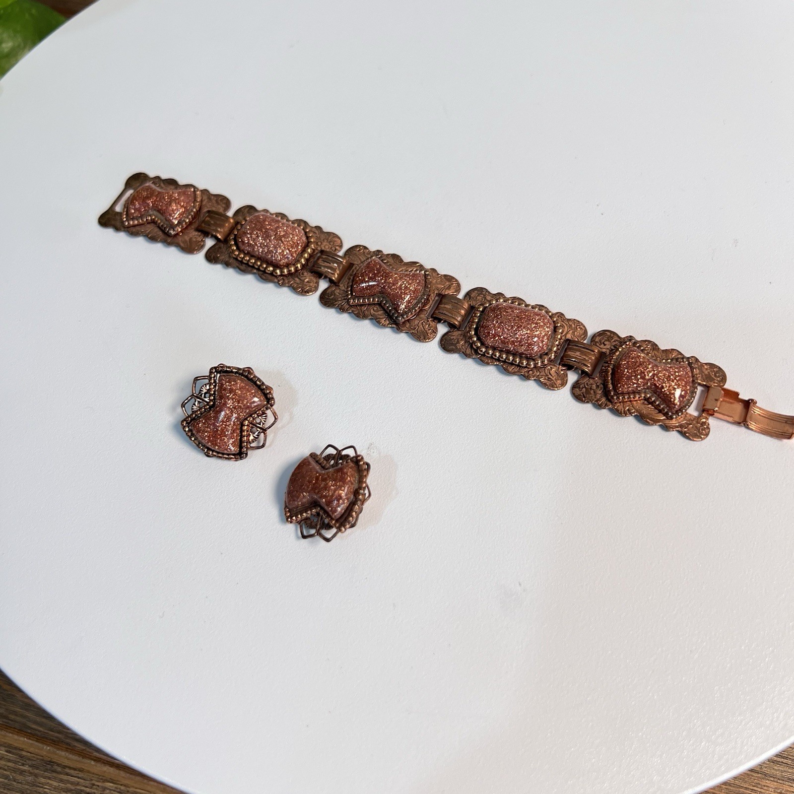 Vintage Copper Glitter Confetti Bracelet & Earrings Set