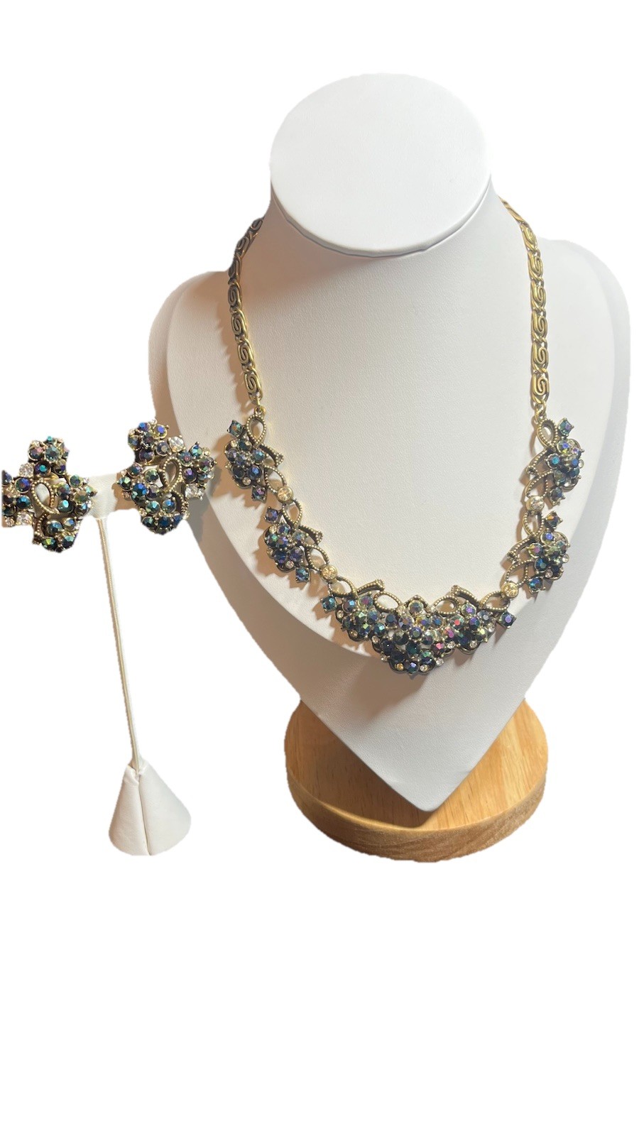 Vintage Florenza Peacock Blue & Vitrail A/B Rhinestones Necklace & Earring Set