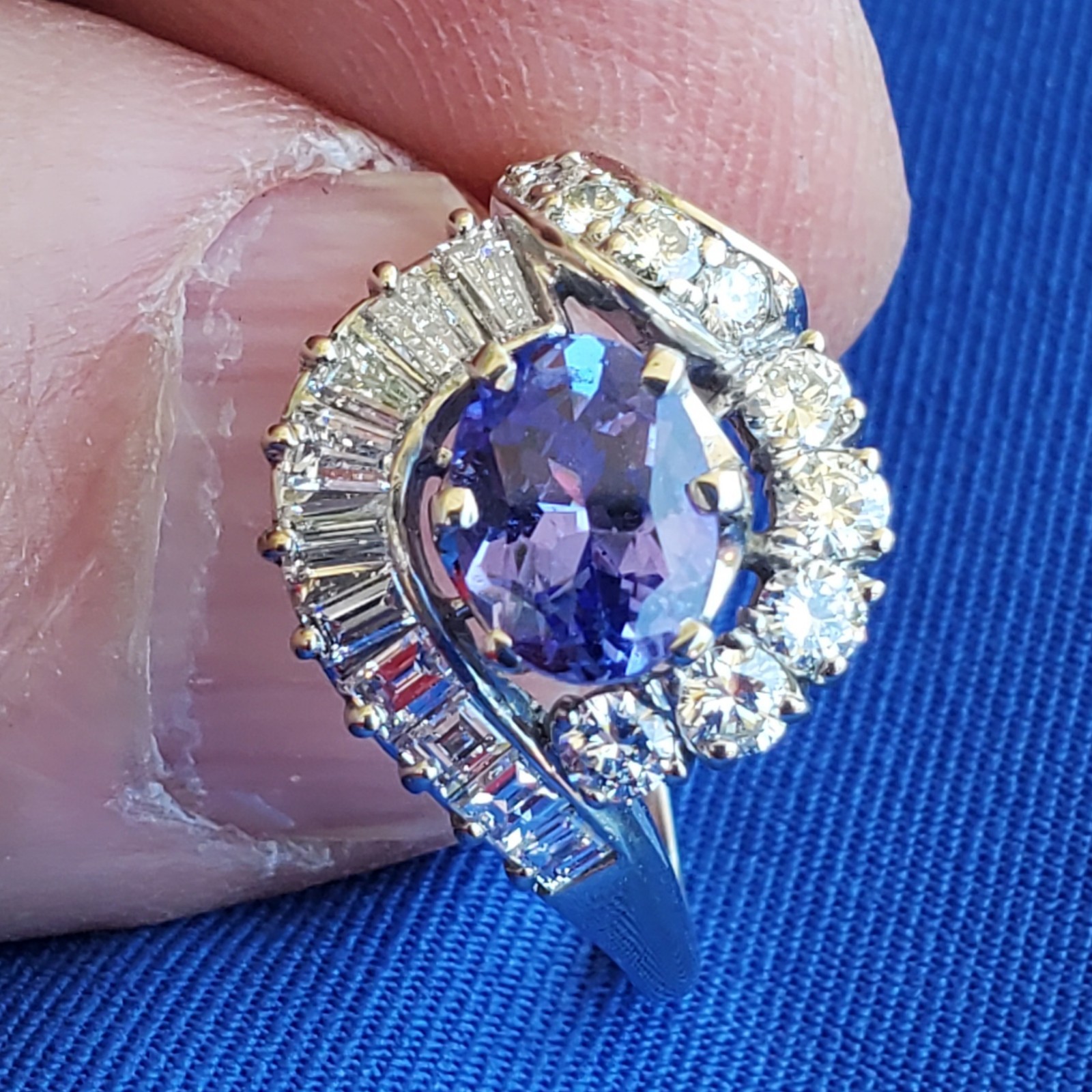 Original EARTH MINED TANZANITE DIAMOND DECO Engagement Ring Solitaire 14K GOLD 7
