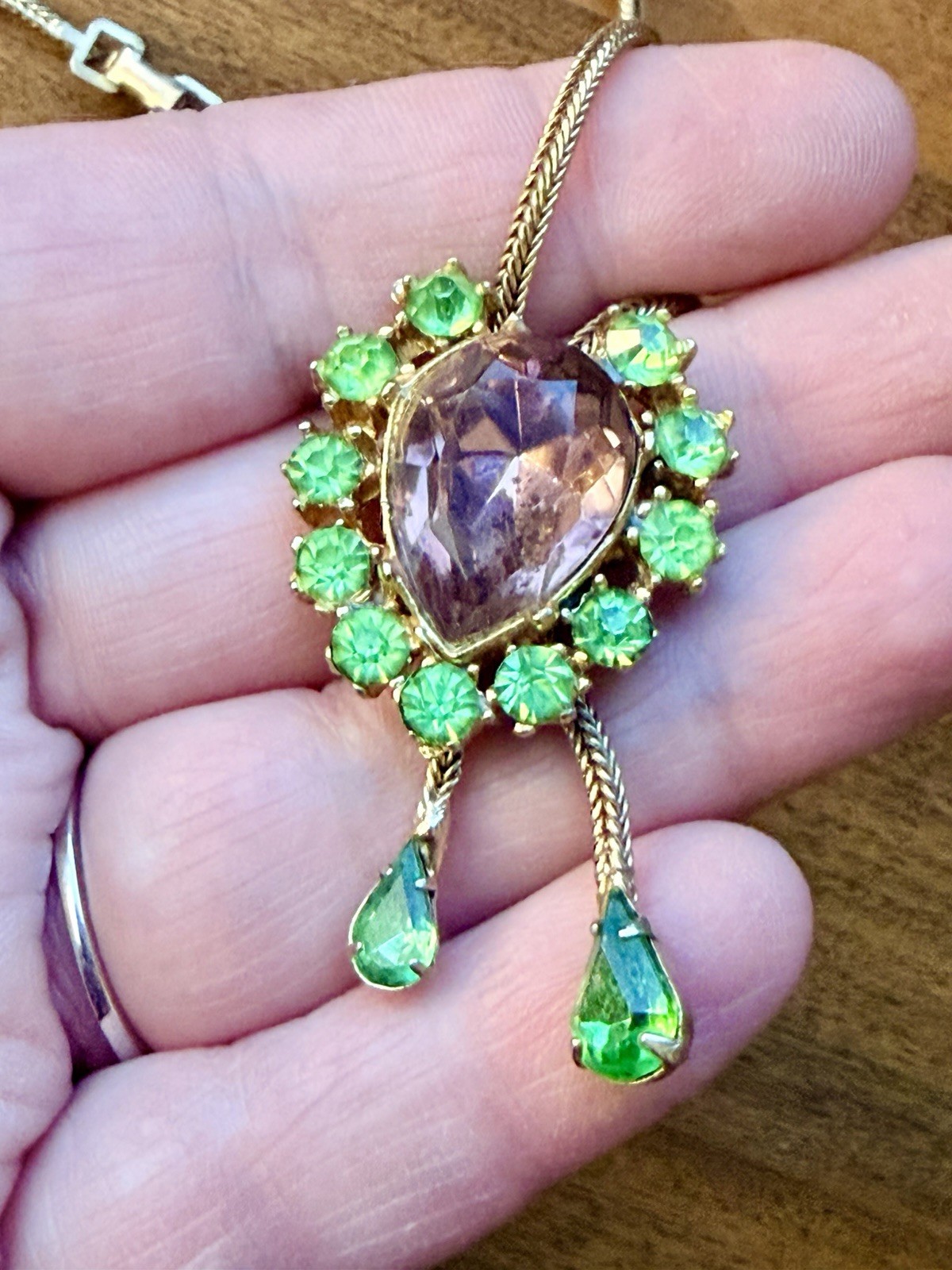 Vtg Estate MCM Purple And Neon Green Glass Stone Teardrop Pendant Bolo Necklace