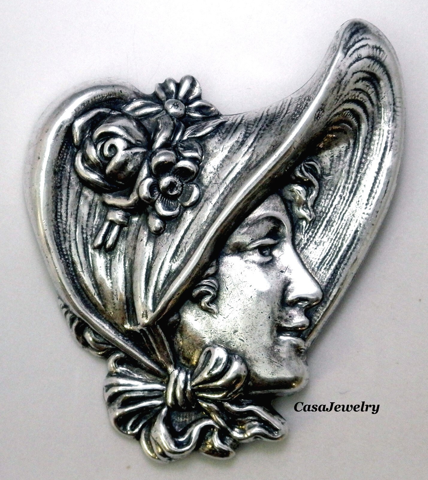 #3336 ANTIQUED STERLING SILVER PLATED VICTORIAN BONNET GIRL BROOCH – 1 Pc