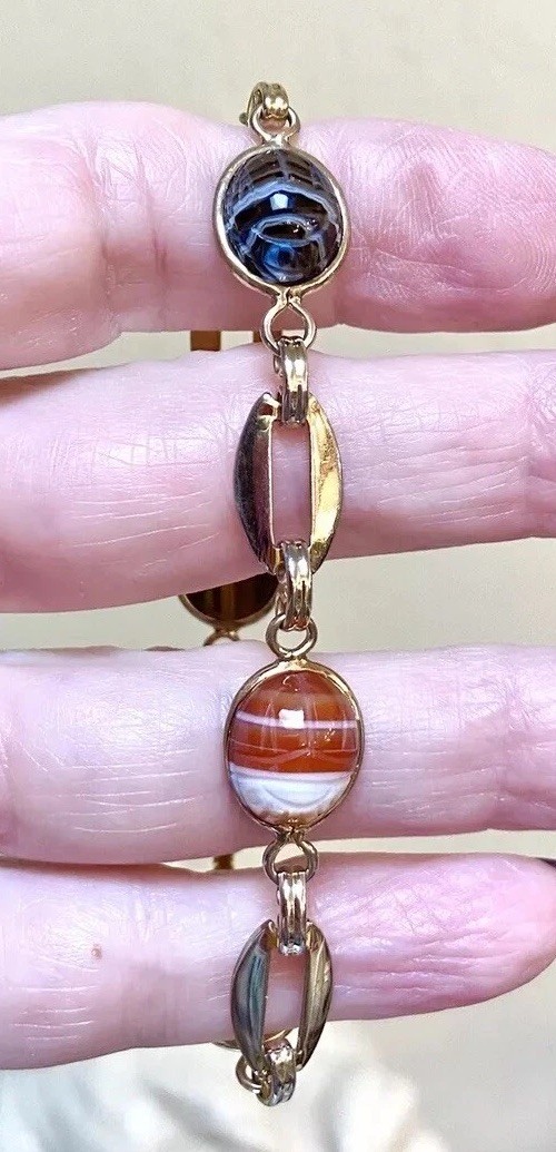 LOVELY Vintage Gold-Filled Agate, Unakite, Etc. Egyptian Scarab Bracelet