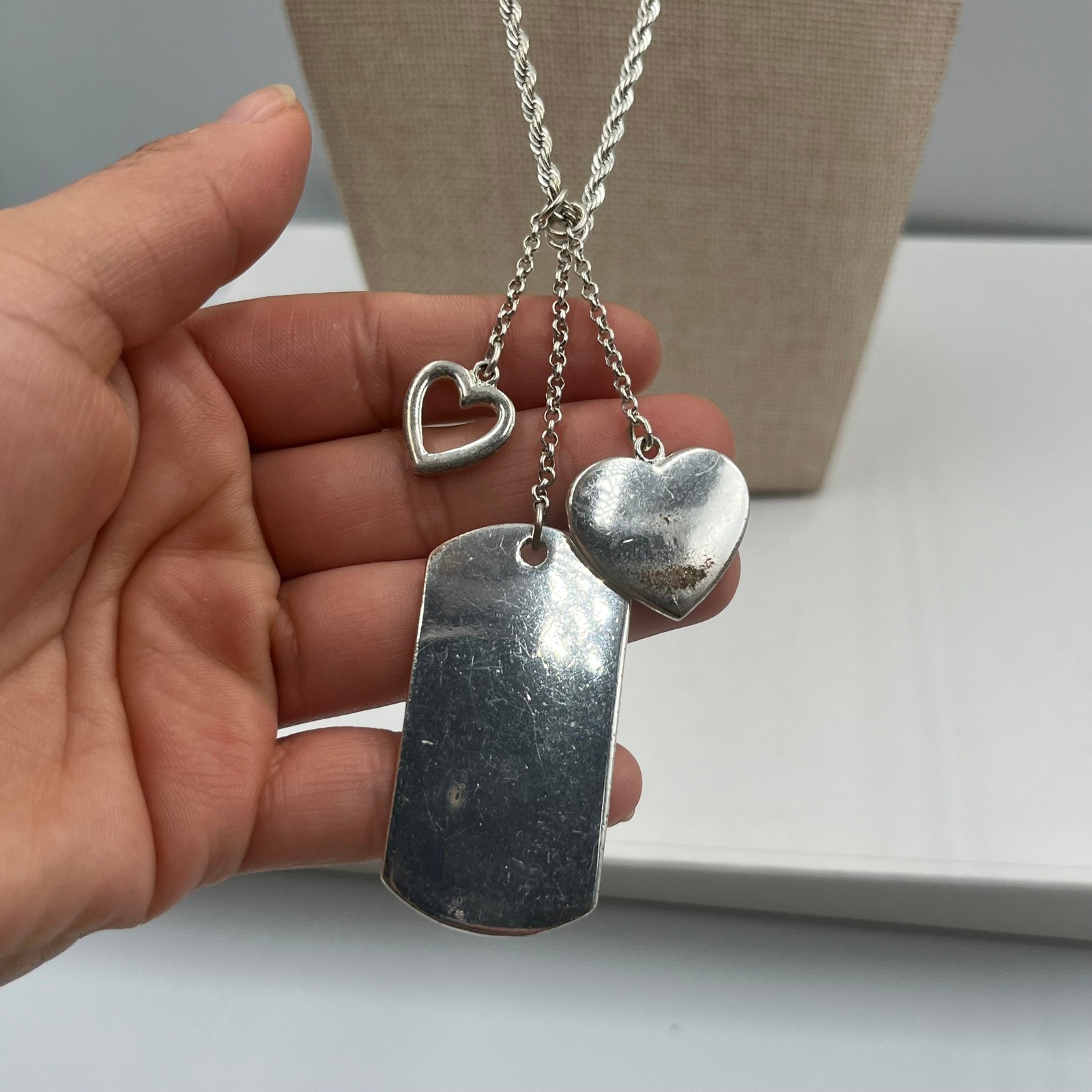 Vintage Silver Tone “Be Be Be” Dog Tag Necklace Heart Charms Rhinestone Accent