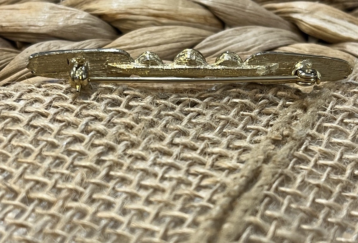 Victorian Revival Bar Pin Gold Tone Faux Pearl Brooch Vintage Costume Jewelry
