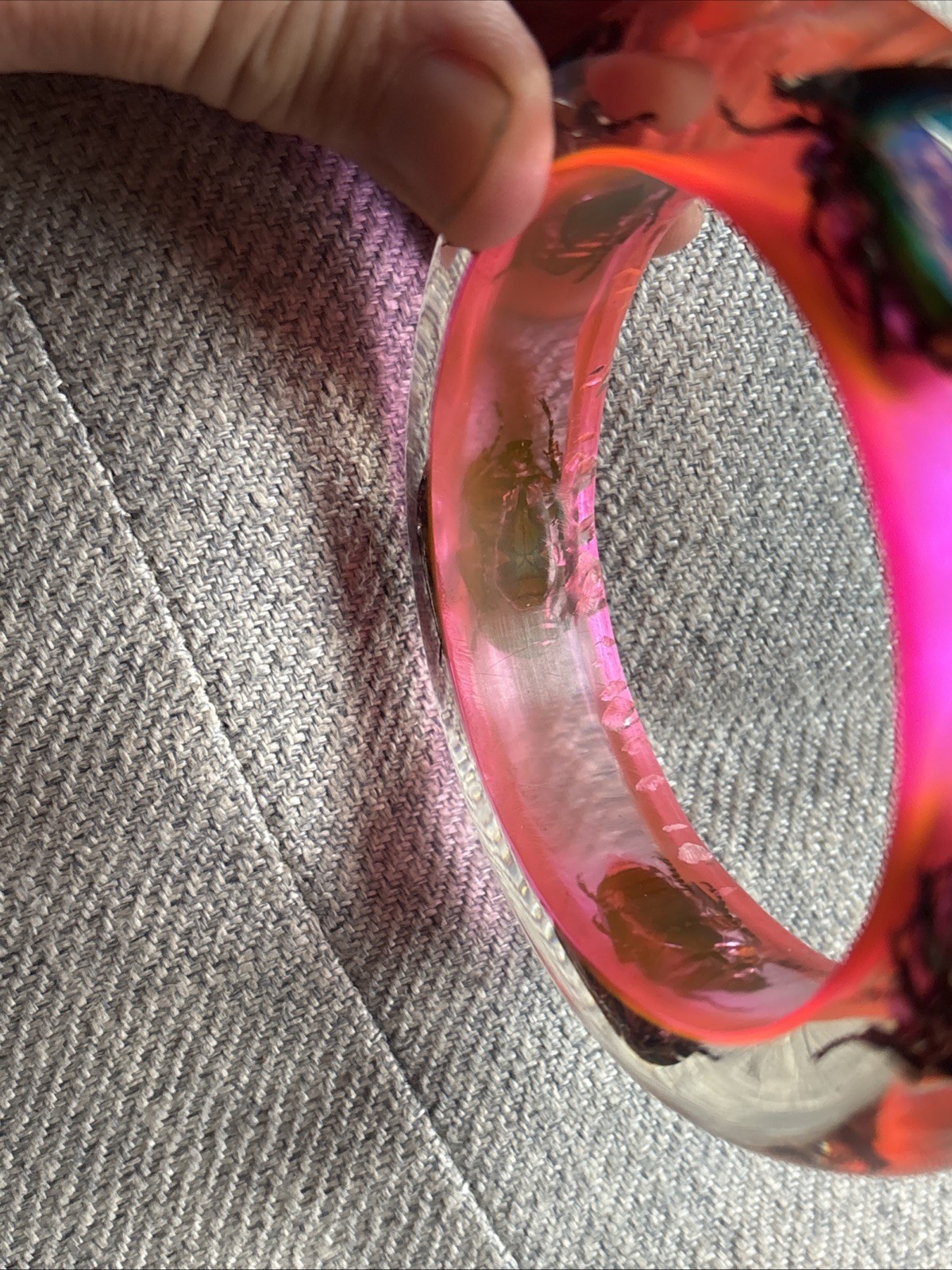 Clear Vibrant Pink Vtg Beetle Bracelet Translucent Resin, Lrg,1960s, NOS #16
