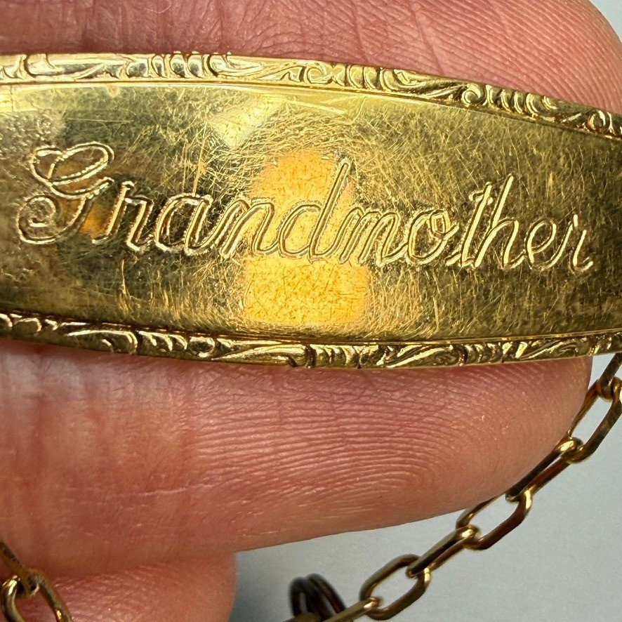 Vintage Vermeil Grandmother Brooch with Baby Shoe Charms Red Blue Stones Signed