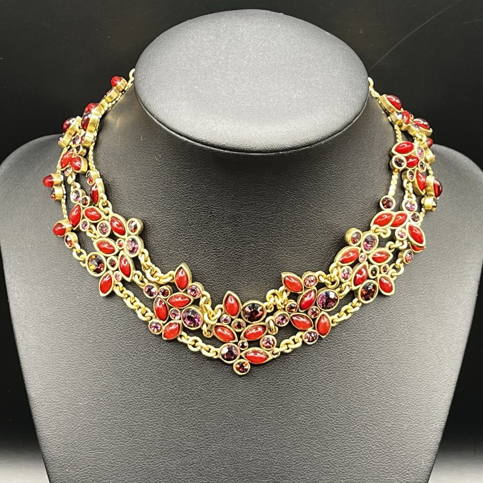 Pilgrim Danish Design Red Gold Tone W Purple Rhinestones Floral Choker Necklace