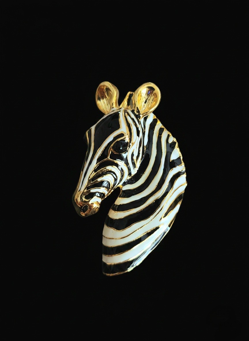 LARGE Vintage Zebra Brooch Black and White Enamel & Gold Tone