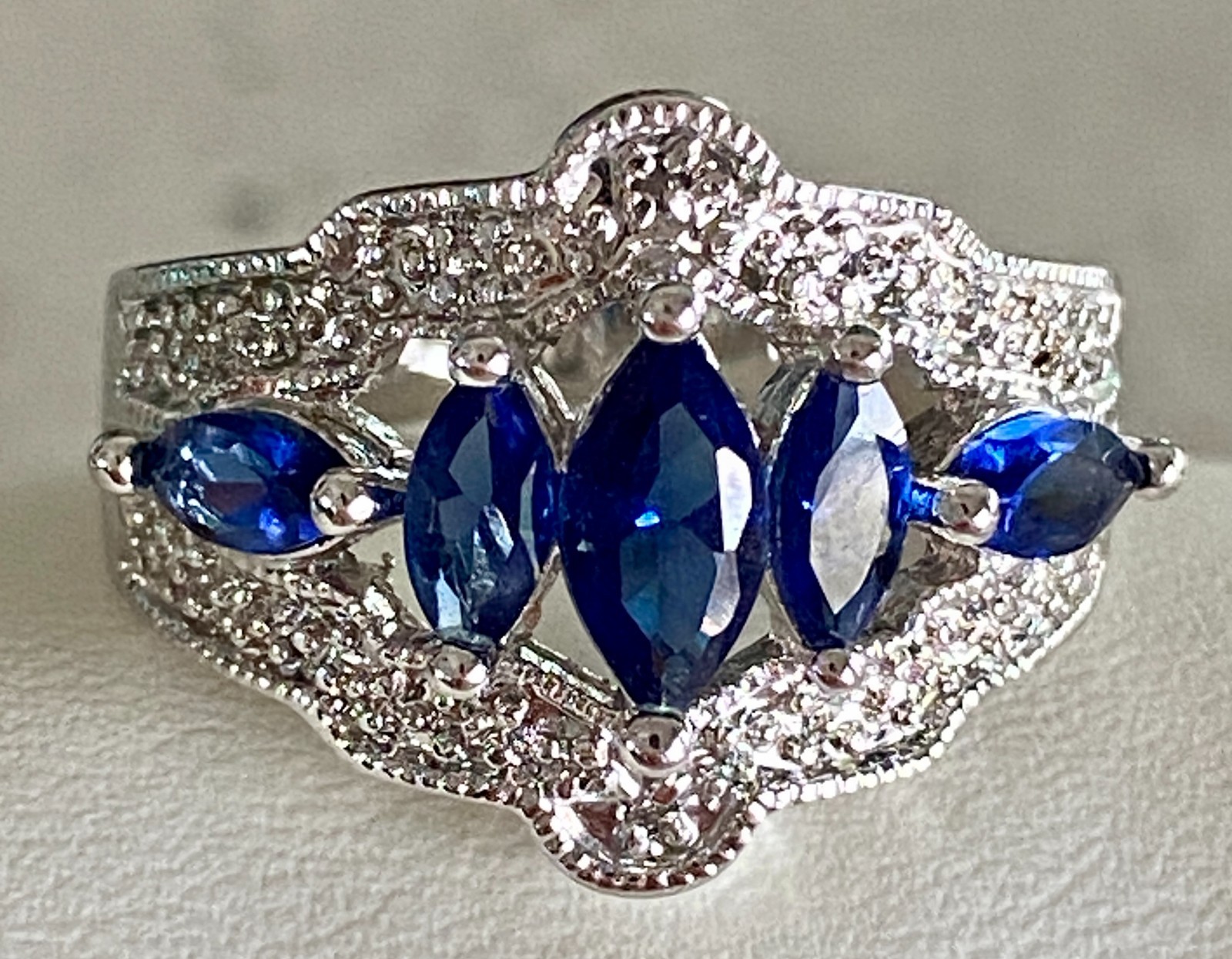 Faux Sapphire Crystal Statement Cocktail Ring Marquise Cut Prong Set Band Size 8