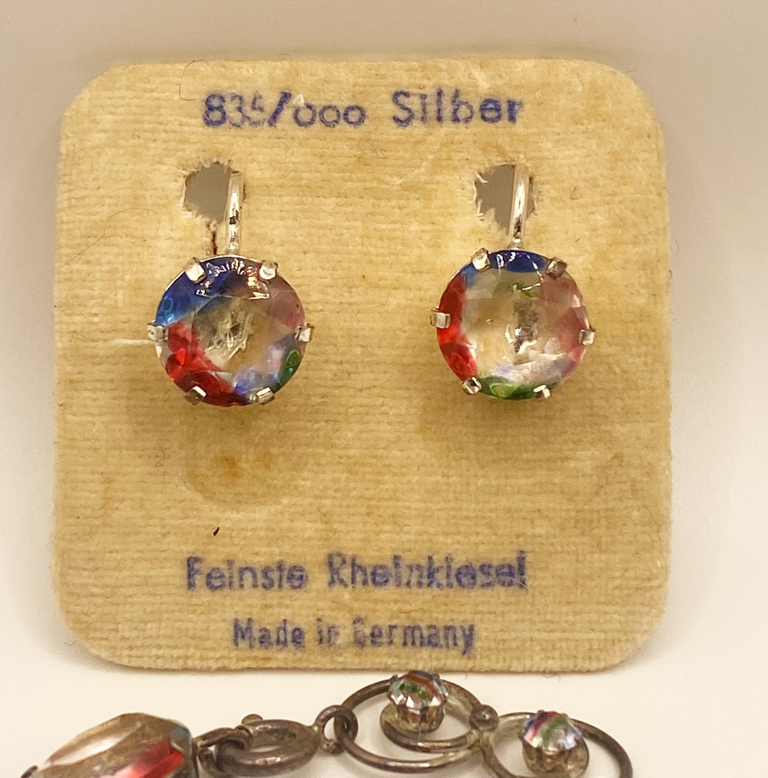 SILVER 835 FEINSTE RHEINKIESEL IRIS RAINBOW GLASS CAB BRACELET & EARRING SET