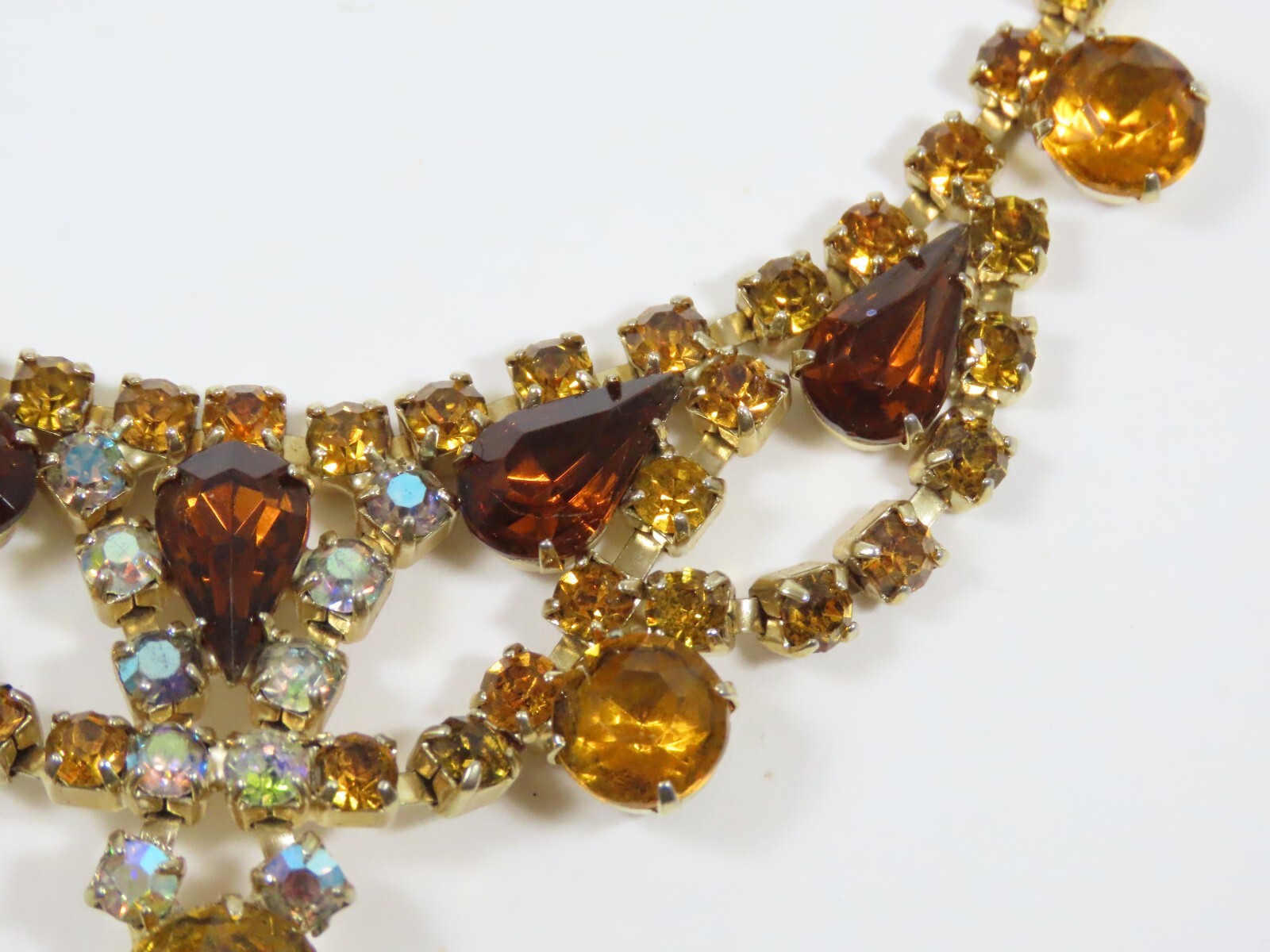 Rhinestone Necklace Golden Amber Brown Topaz AB Crystal VTG Exquisite D1652