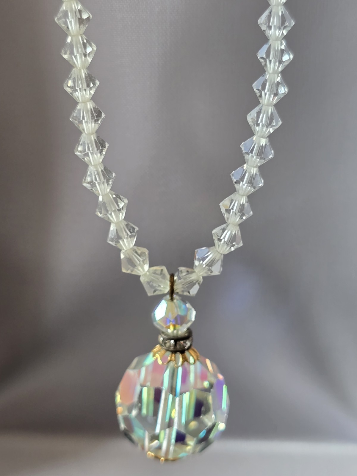 CZECH AURORA BOREALIS CRYSTAL BALL w CRYSTAL CHAIN PENDANT NECKLACE☆FILIGREE CAP