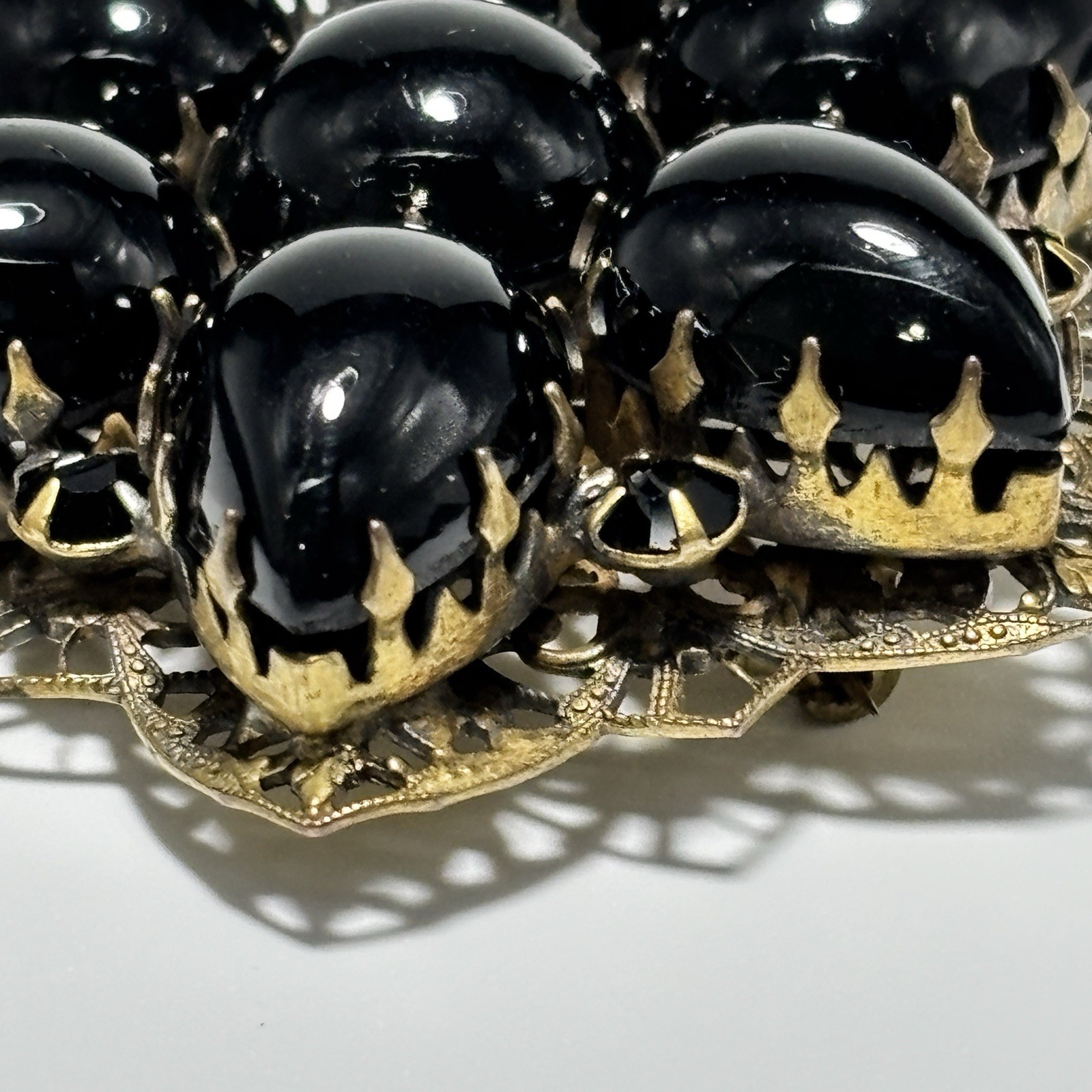 Vintage Brooch Pendant Teardrop Black Glass Cabochons Double Layered 2-1/8″ Long