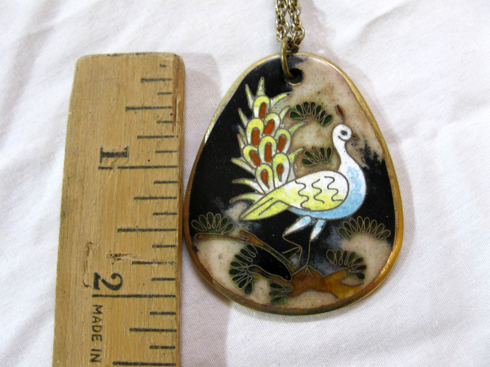 Kloison Signed Cloisonne Enamel Peacock Bird Pendant Necklace Vintage