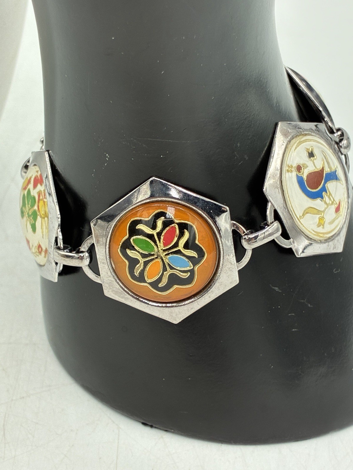 Vintage Pennsylvania Dutch Hex Sign Enamel Link Bracelet Silver Tone Folk Art