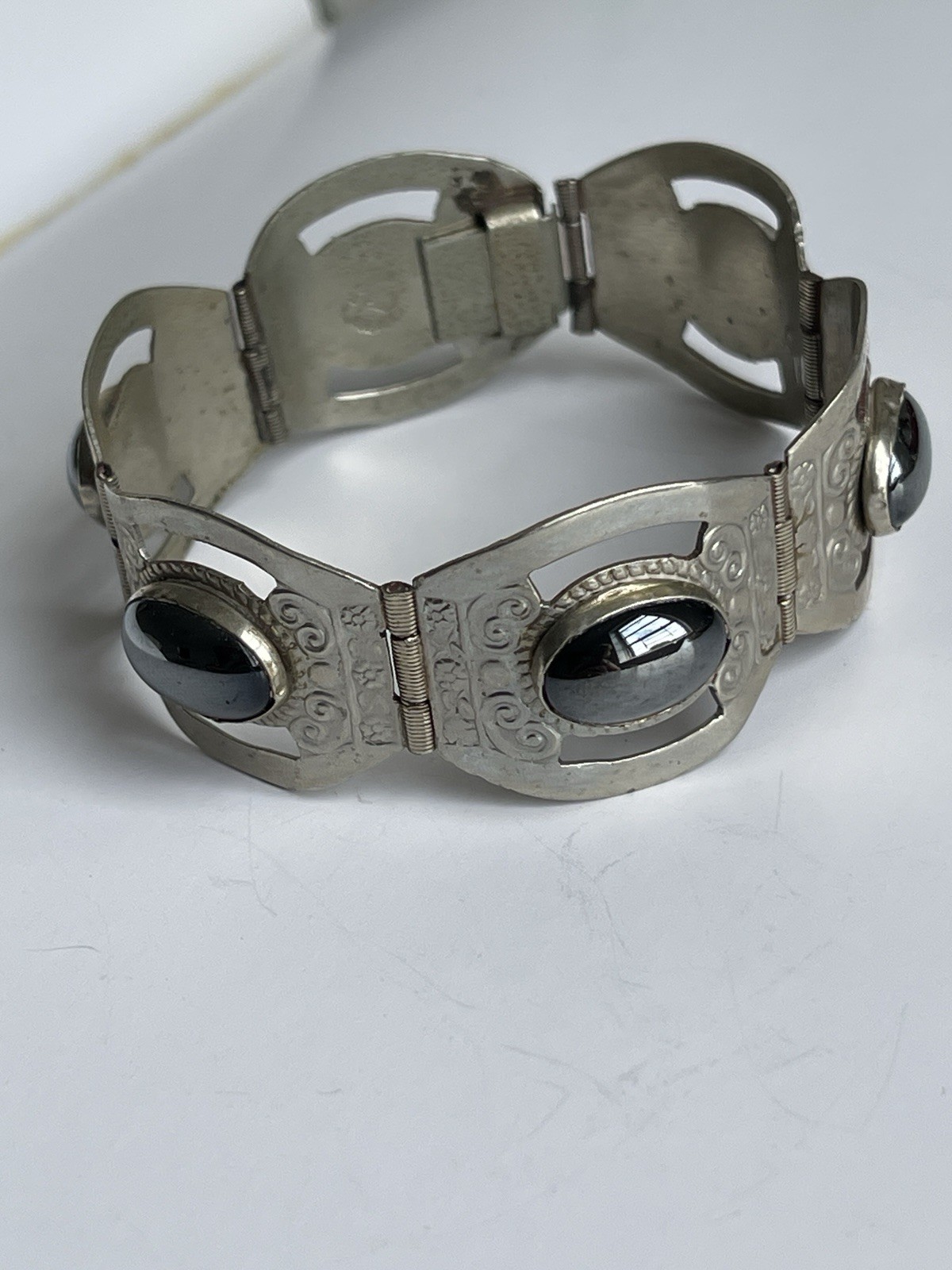 Vintage Taxco Mexico Sterling Silver Black Onyx Panel Bracelet