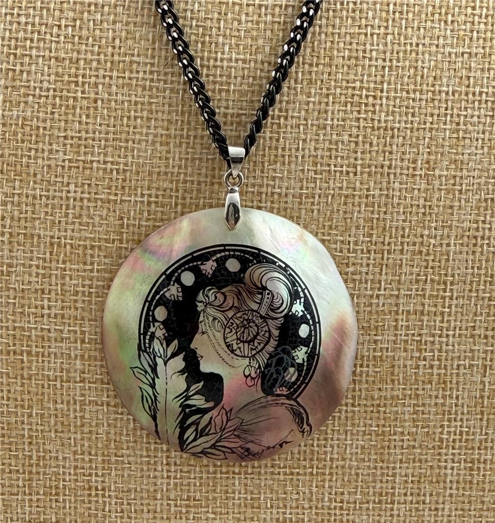 Vintage Shell Pendant with Art Nouveau Lady Portrait Black Chain Necklace 18″ L.