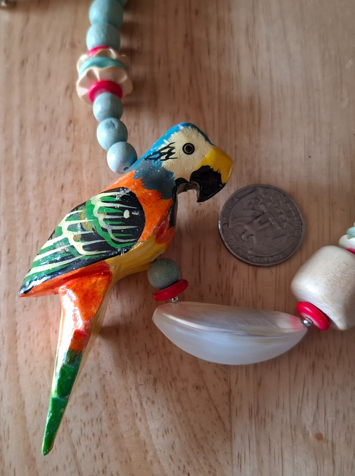 Vintage Tropical Jewelry Hand-Carved Parrots, Wood Beads, Seeds Necklace