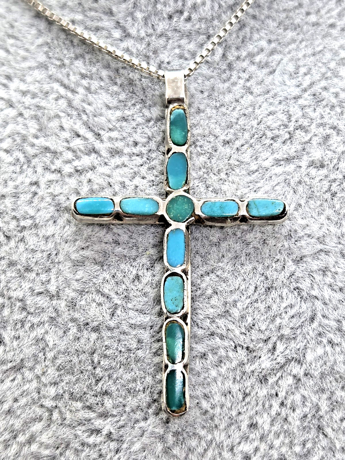 Vintage Handcrafted Native Silver Inlay Turquoise Cross 1.5″ Chain Necklace 18″
