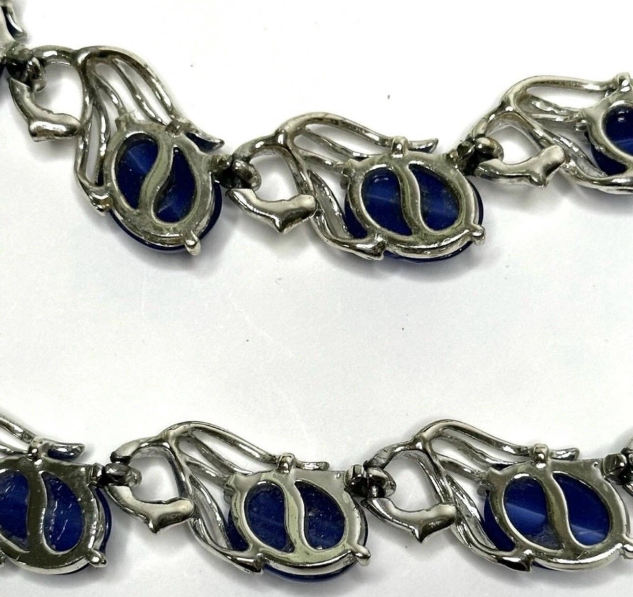 Vtg 1950s Lisner Signed Cobalt Blue Cabochon Leaf Necklace Bracelet Demi Parure