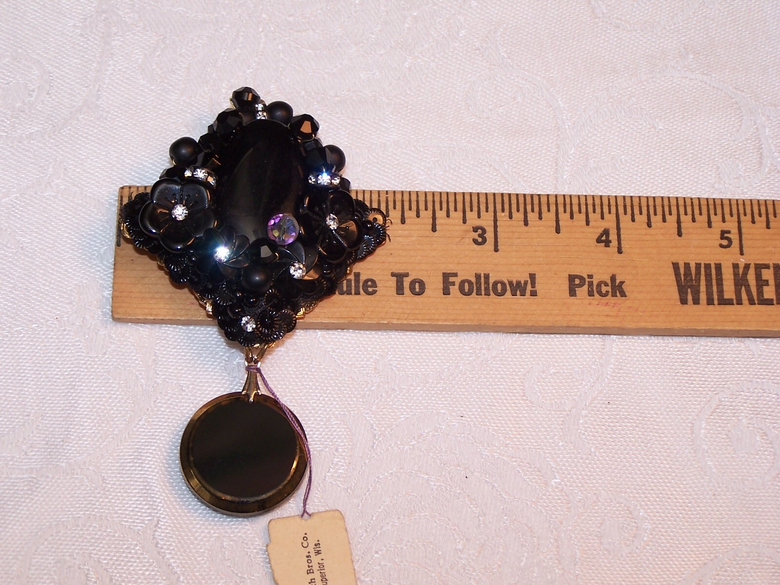 Unsigned Miriam Haskell Pendant/Vtg Black Molded Glass Floral Beads/NOS w Tag
