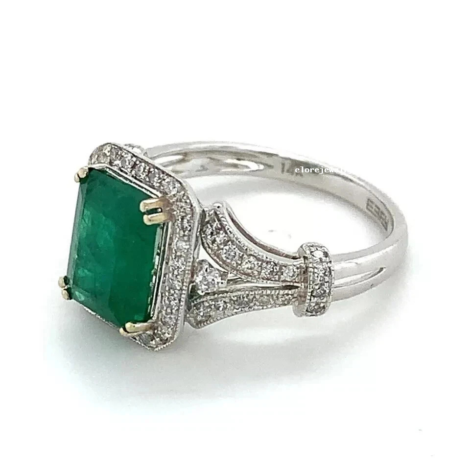 2.20Ct Emerald Cut Lab Created Emerald Halo Engagement Ring White Gold Plated