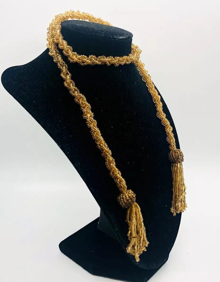 Art Deco Topaz Beaded & Woven Topaz Glass Necklace Flapper Vintage Jewelry