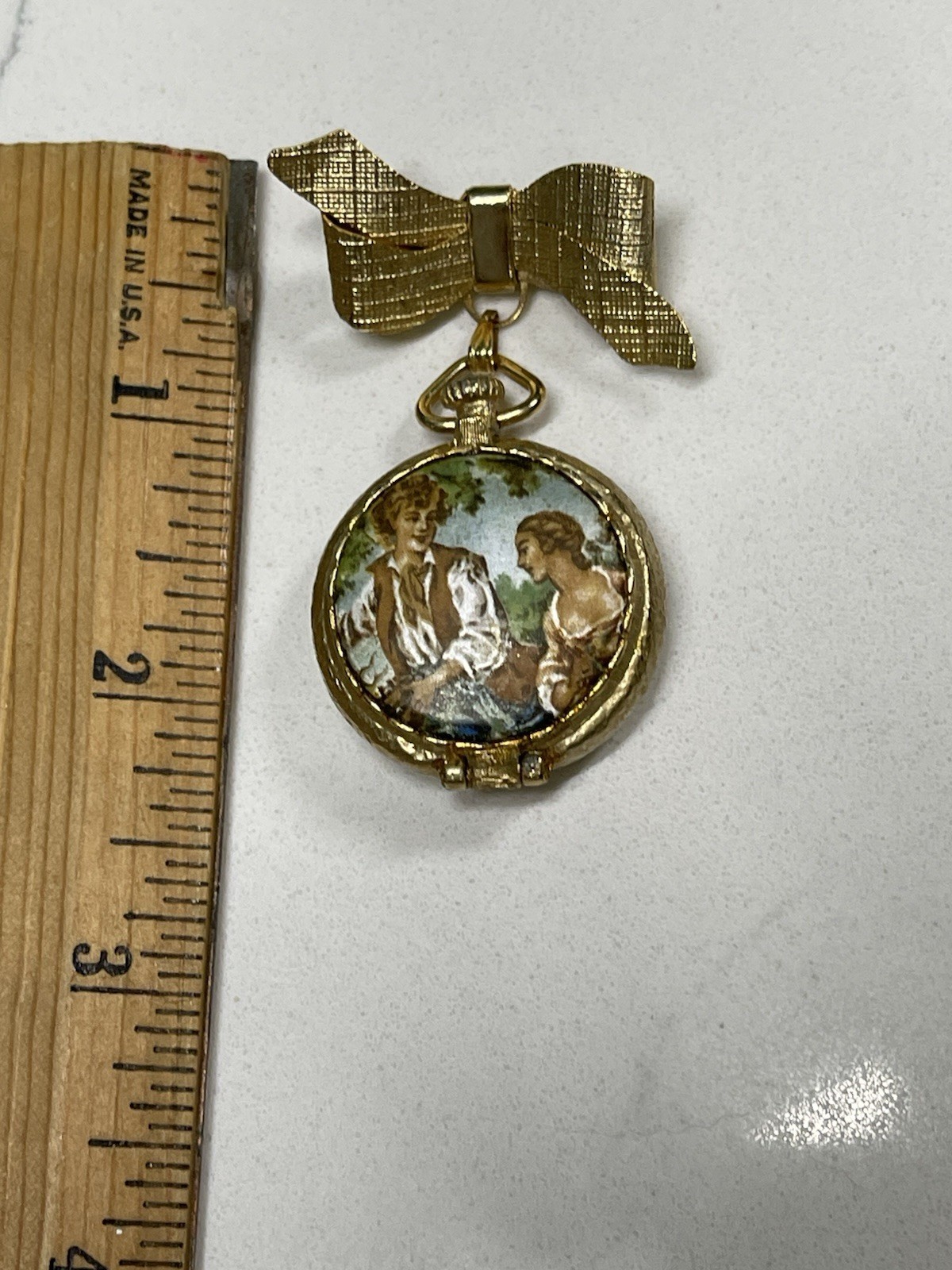 House of Fuller Solid Perfume Enameled Gold Locket Bow Brooch Unused