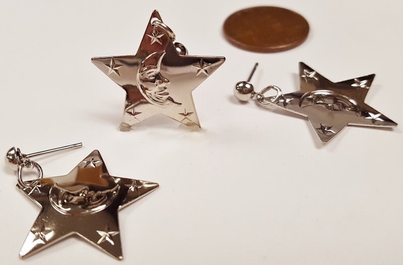 6 PIECES (3 PAIR) VINTAGE SILVER STAR MOON & STARS DANGLE PIERCED EARRINGS N29