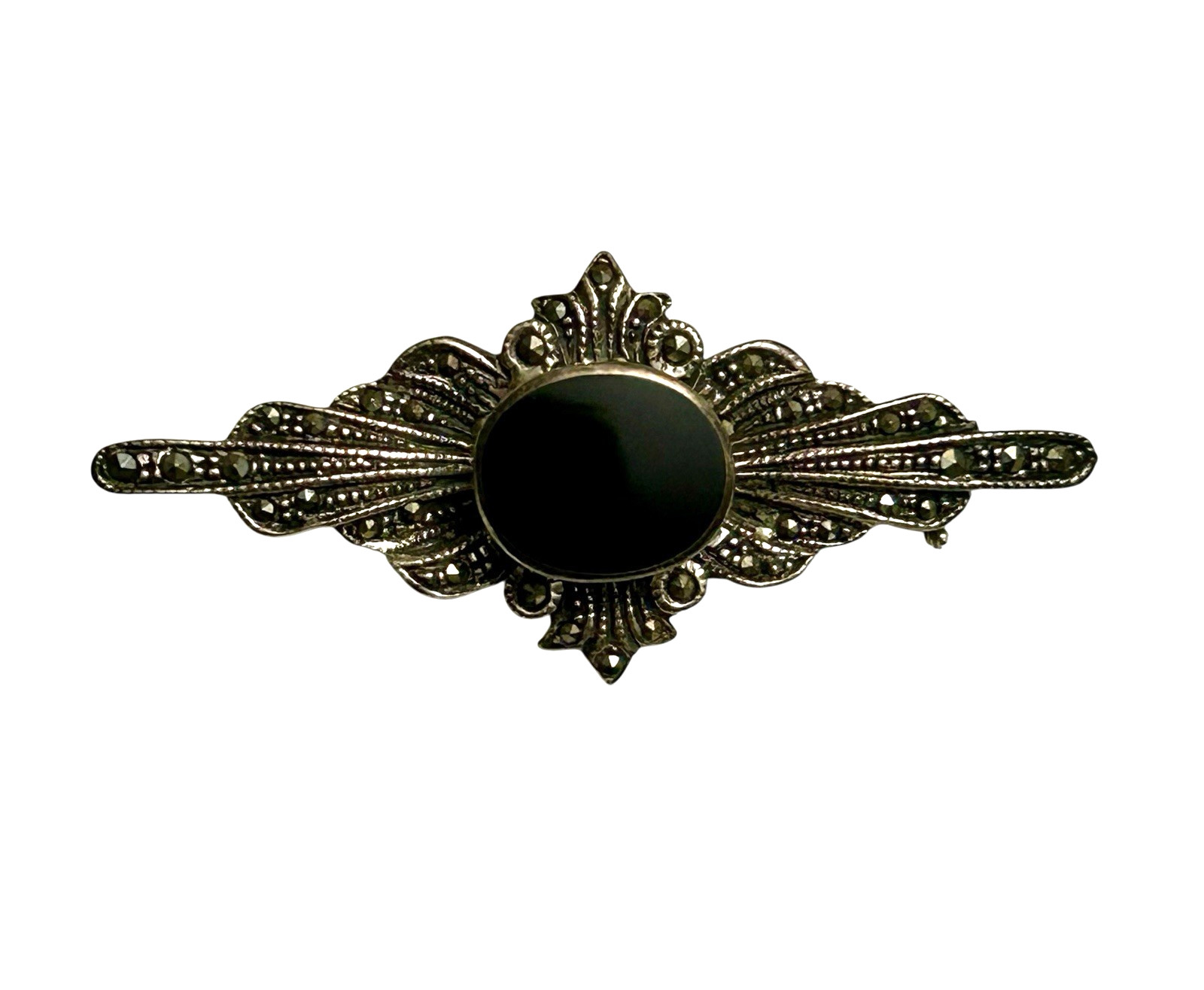 Vintage Sterling Silver Brooch Black Onyx Marcasite 925 Bezel 2″ Art Deco Style