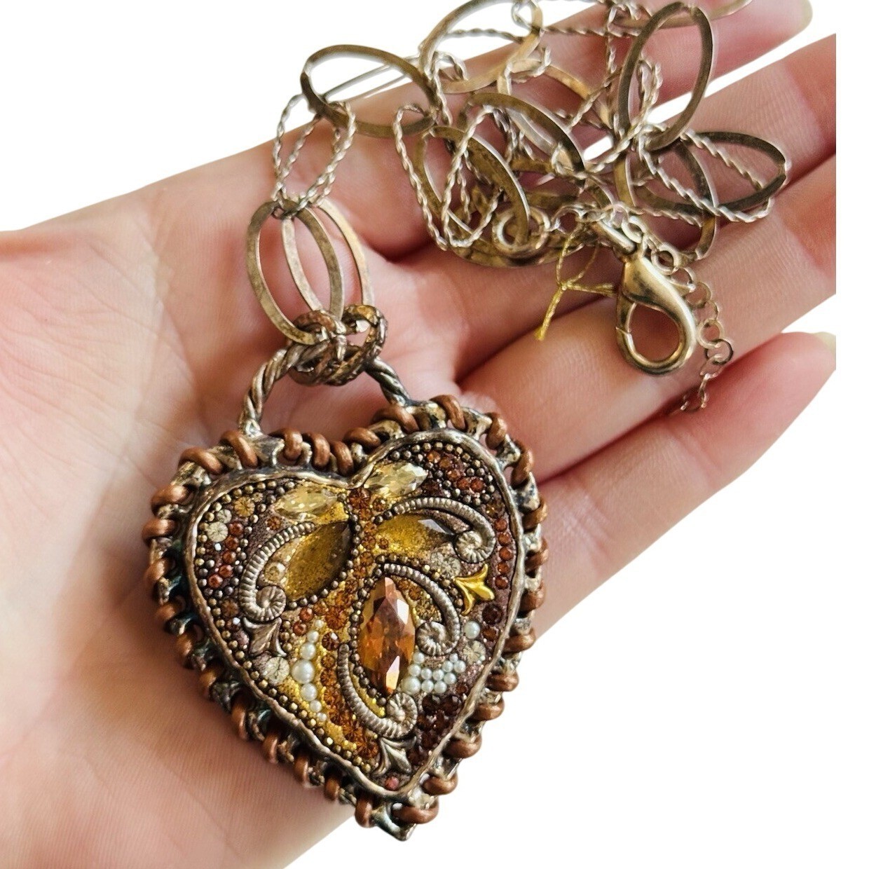 VTG Brutalist Heart Necklace Crystal sterling silver 925 MOD Jeweled Y2K BOHO