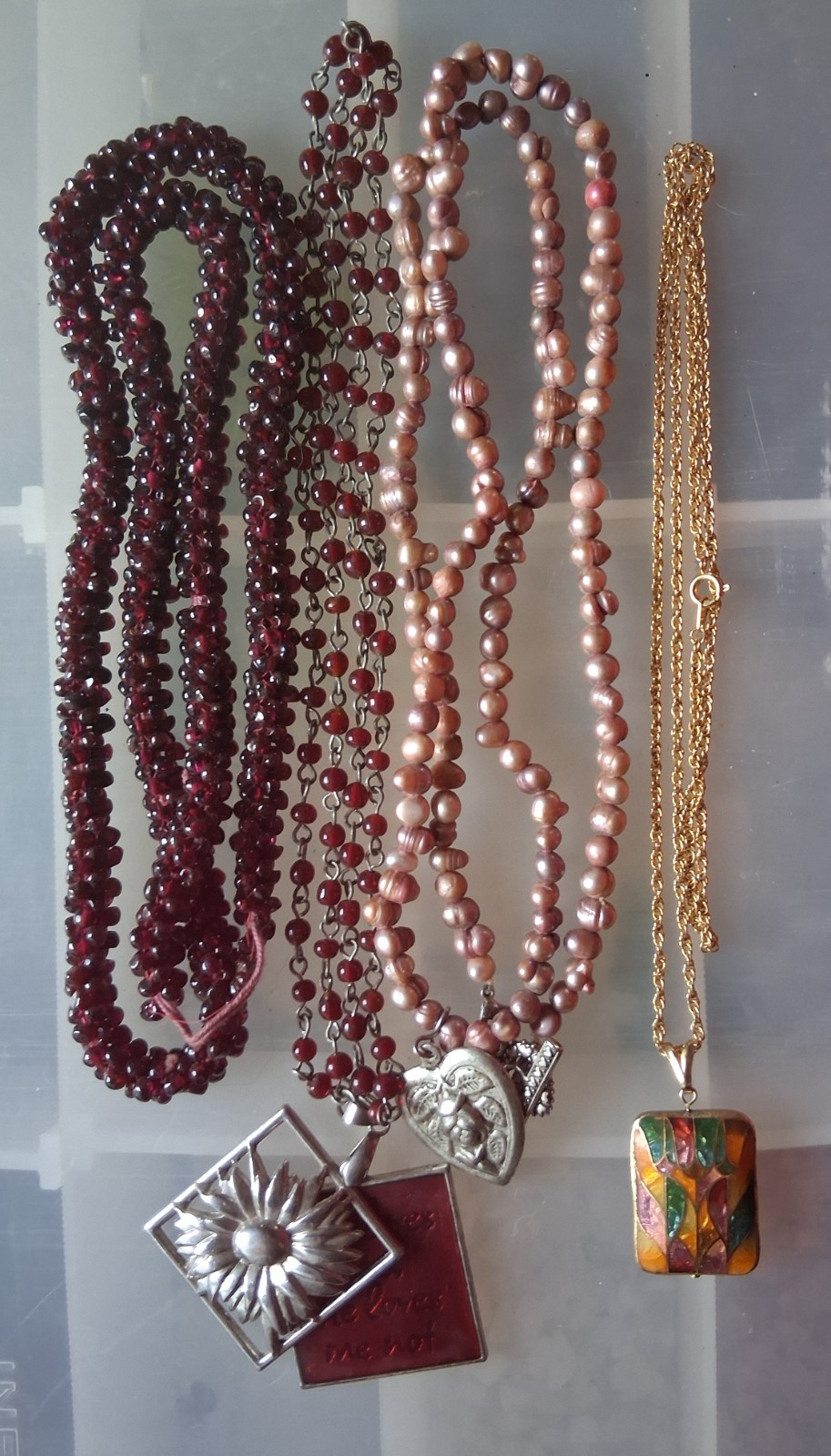 Lot of 4 necklaces garnet pearl cloisonne silver gold tone