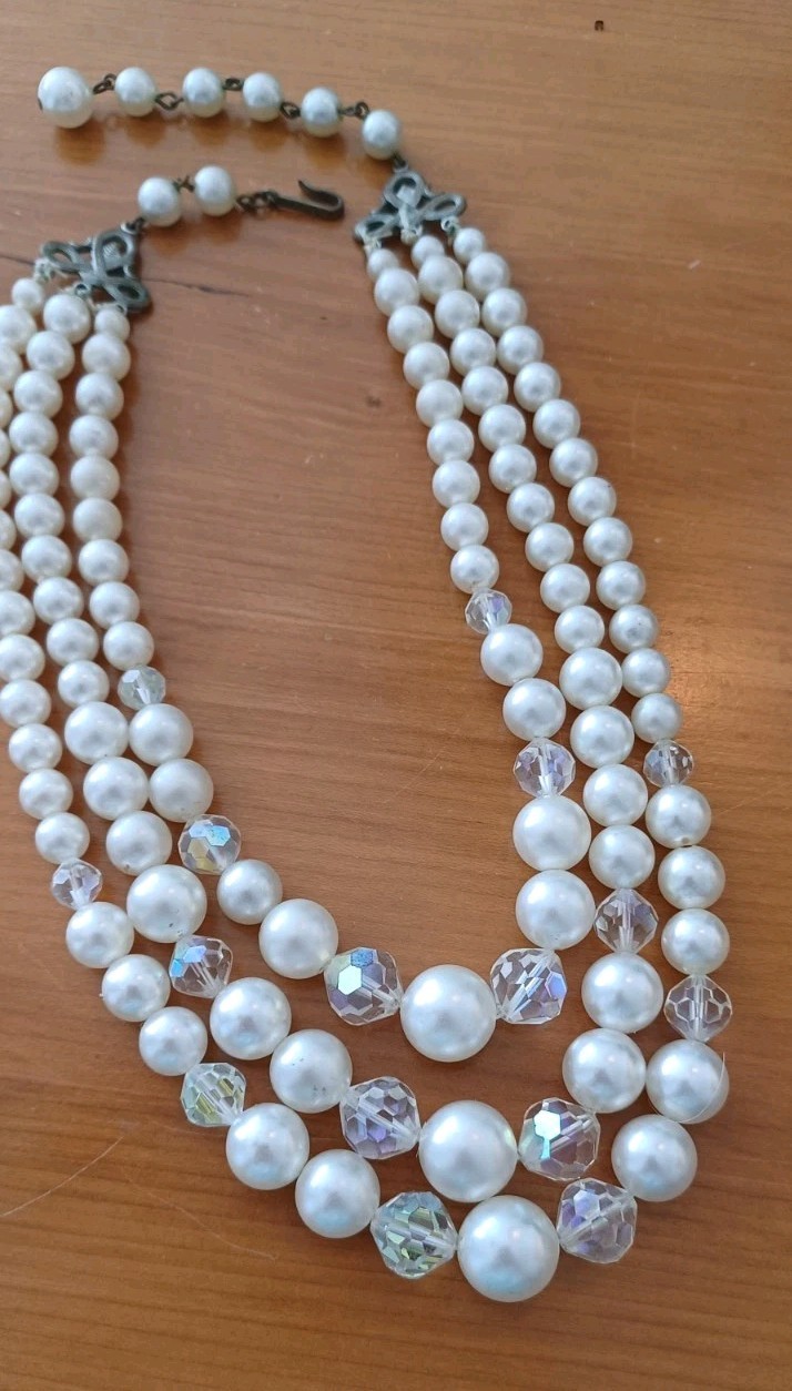 Vintage 3 Strand Necklace Faux Pearls Crystals Marked LAGUNA