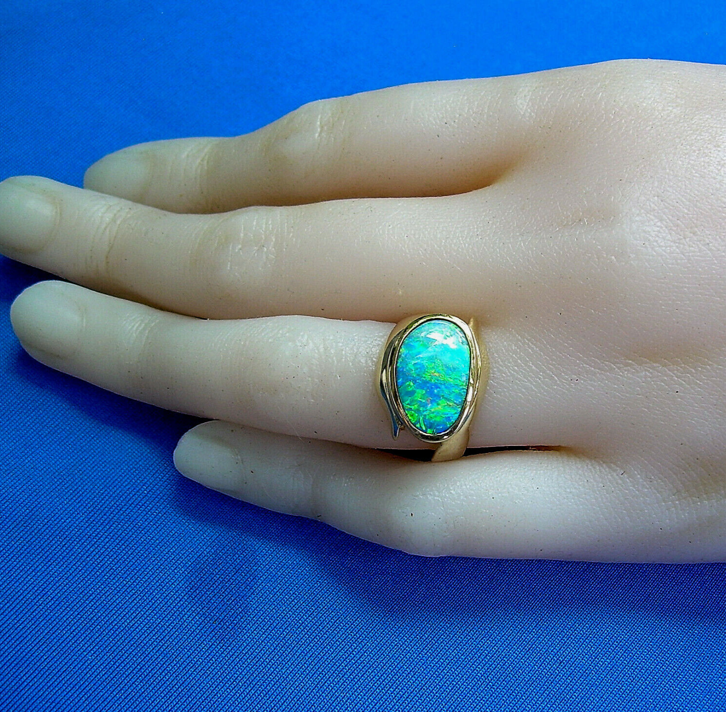 Original EARTH MINED Black OPAL Deco Ring Designer Hand made SOLID 14K GOLD 6.25
