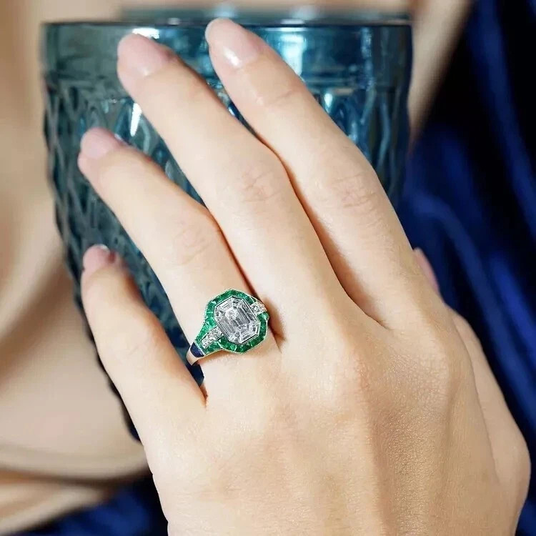 3Ct Art Deco Vintage Lab Created Diamond & Emerald 14K White Gold Plated Ring