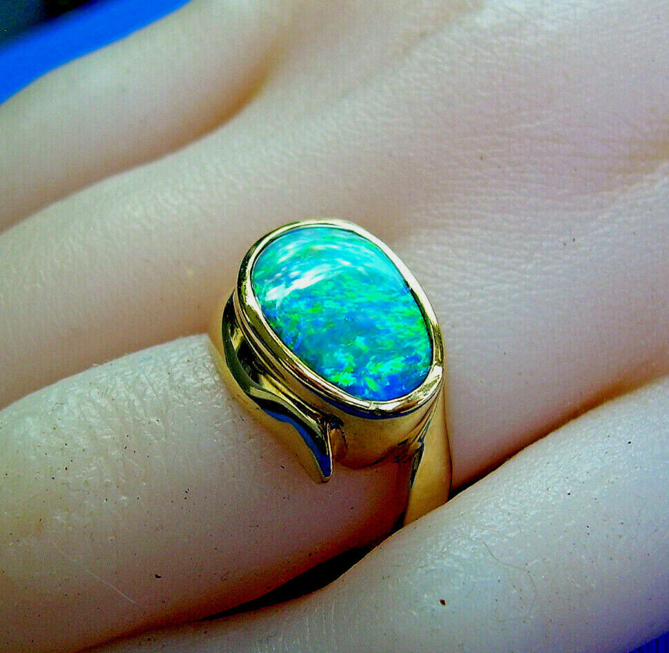 Original EARTH MINED Black OPAL Deco Ring Designer Hand made SOLID 14K GOLD 6.25